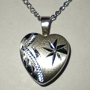 Cute Child’s Sterling Silver Satin Diamond-Cut Heart Locket and Chain